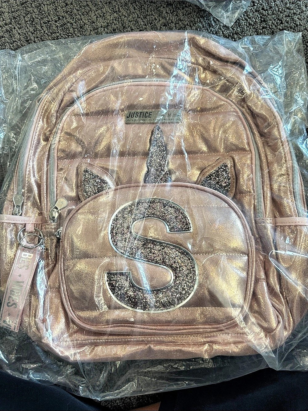 Backpack: Justice Glitter Unicorn Backpack with “S”